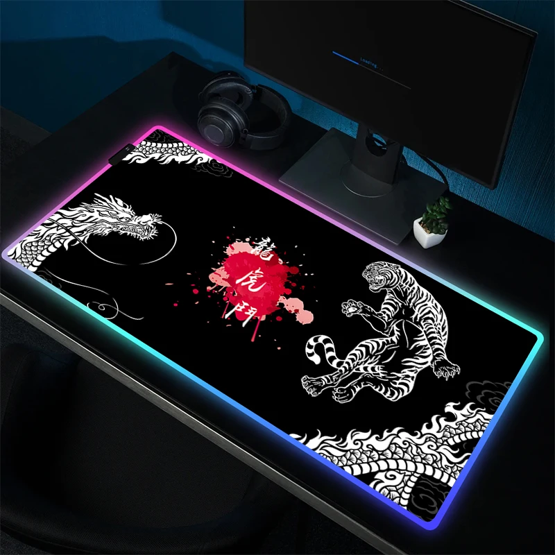 Met Achtergrondverlichting Rgb Muismat Japanes Drakenmuismat Grote Gaming Muismat Gamer Rubber Accessoires Led Game Hd Print Tafelmatten