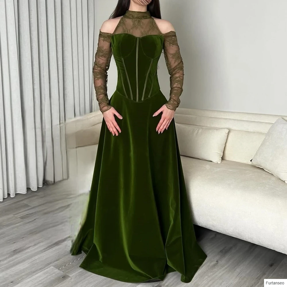 

A-line Women's Evening Dresses Floor-length High-neck Full Sleeve Prom Gown Fashion Lace Simple Draped Casual Customized Gowns