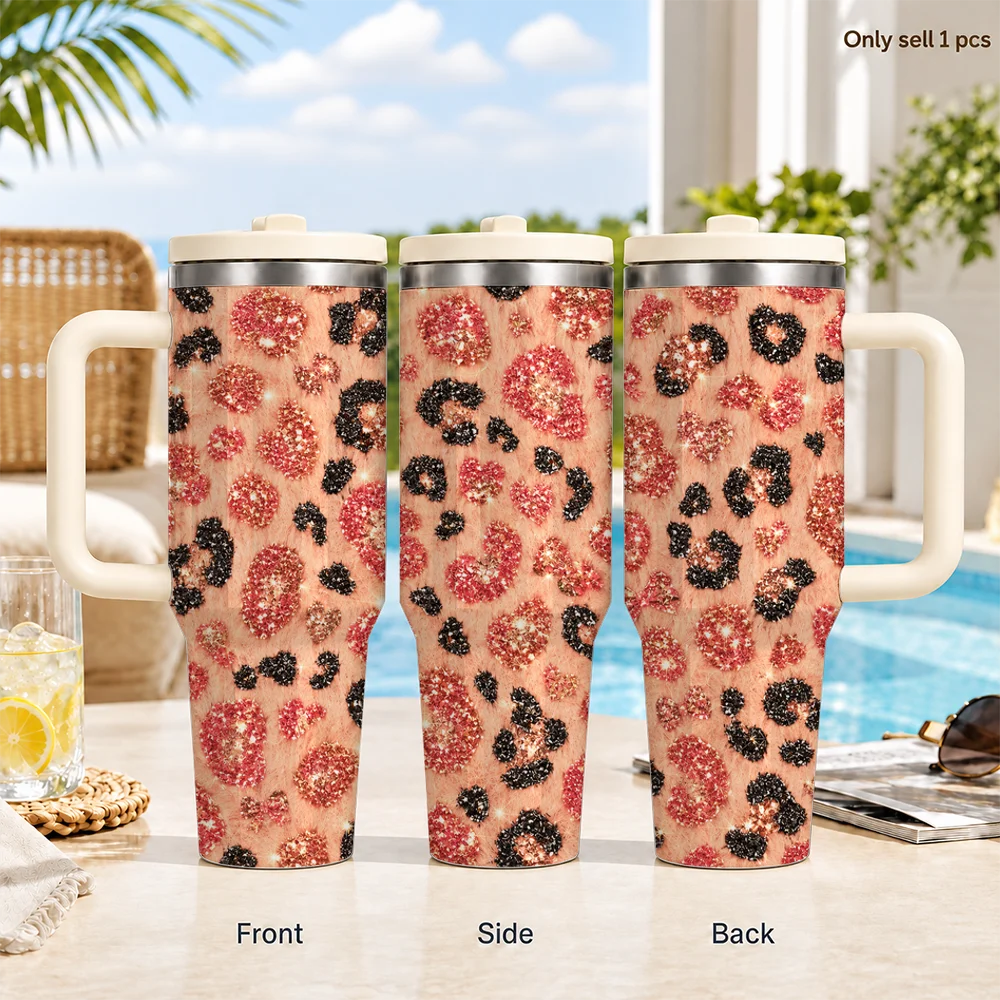 Shimmering Leopard Print Vacuum Flasks 40oz Leakproof Insulated Tumbler with Handle Straw Lid, Stainless Steel Travel Cup