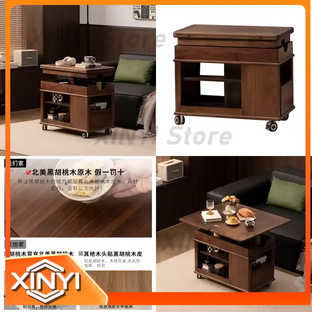 Portable Folding Walnut Wood Side Table for Home Living Room Mid Century Modern Adjustable Height Solid Wood Coffee Table