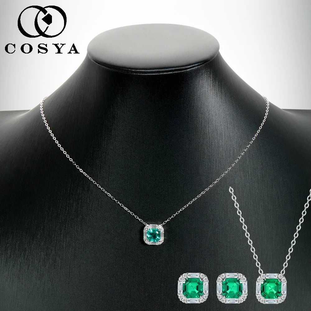 COSYA 2CT 7*7MM Lab Grown Colombian/Zambian Emerald Necklace Earrings S925 Silver Moissanite For Women Wedding Fine Jewelry Gift