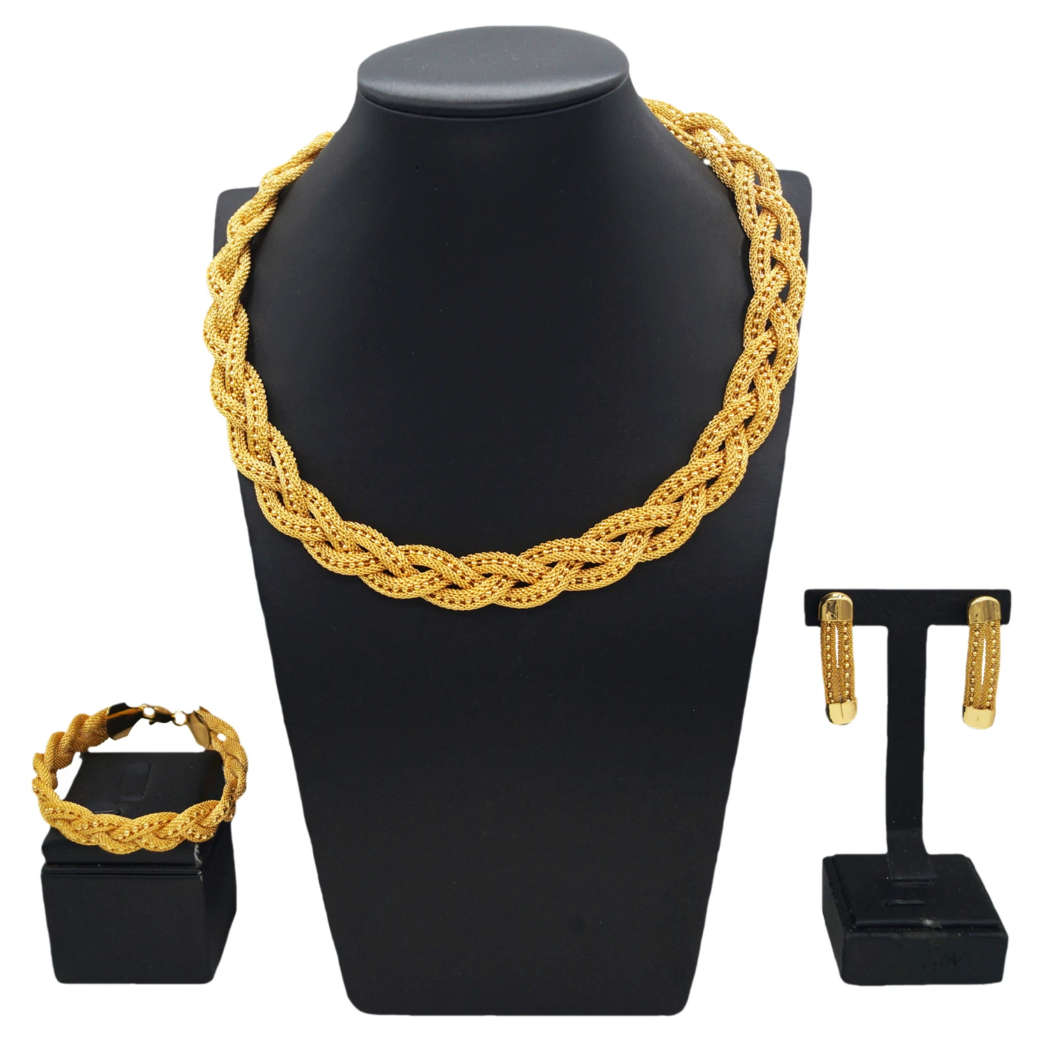 Yulailii's new gold-plated Cuban chain three-piece set fashion design elegant and generous African jewelry necklace earrings bra