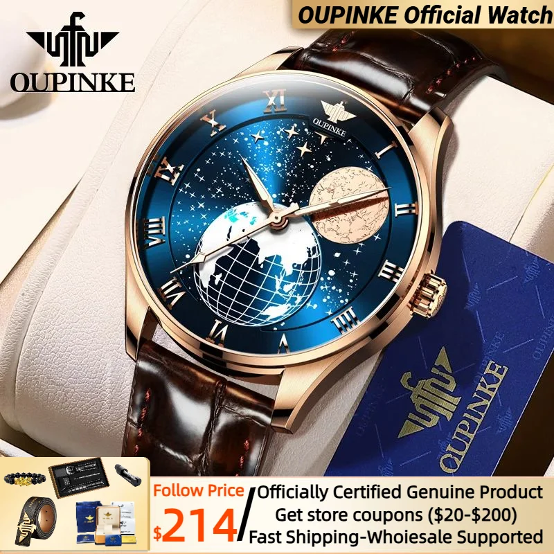 

OUPINKE Watches Automatic Men Luxury Tourbillon Wristwatch 3D Earth Starry Star Rotating Dial Skeleton Men Watch TOP Brand 3177