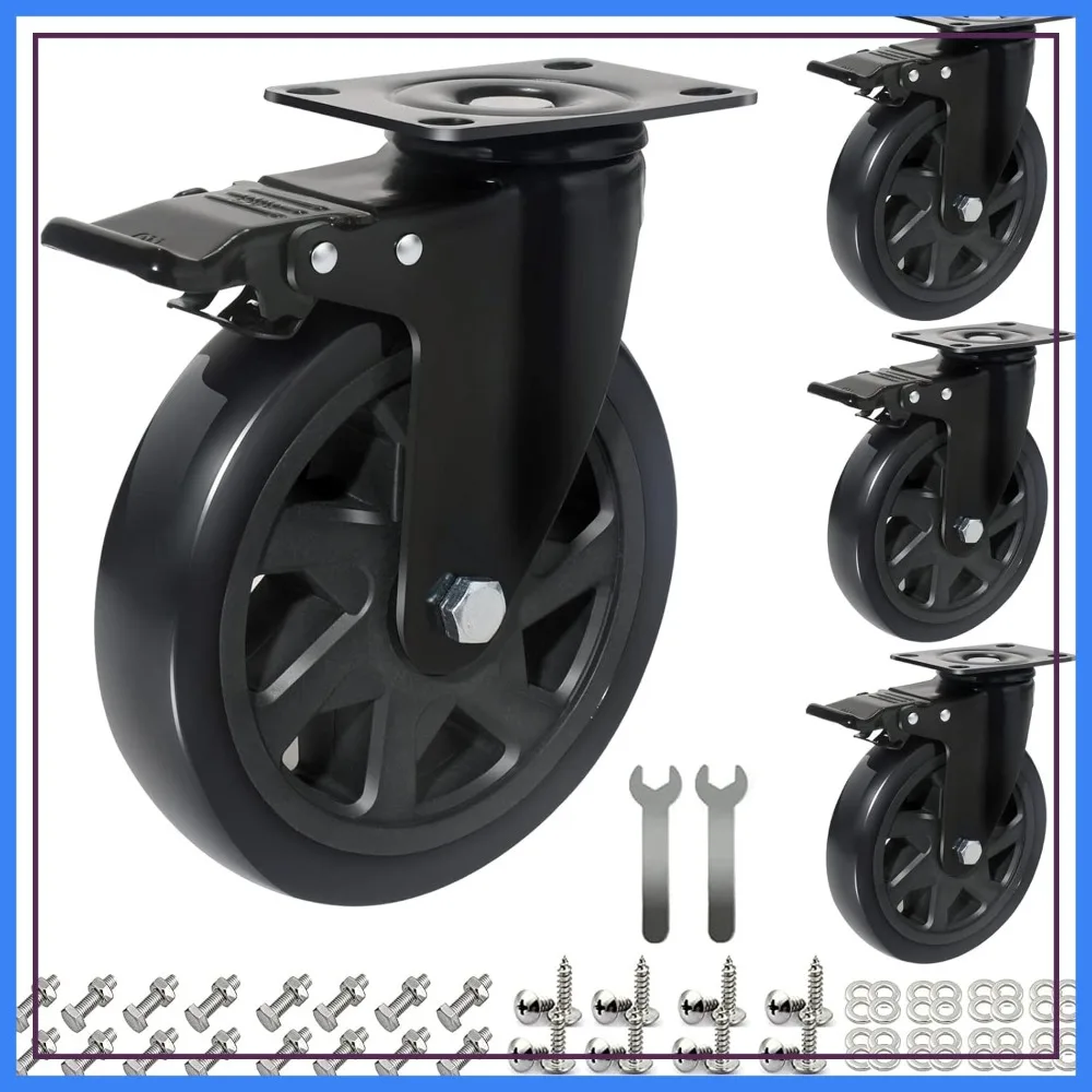 

6 Inch Caster Wheels 3000lbs, Heavy Duty Casters Set of 4 with Brake, No Noise Polyurethane Swivel Caster Wheels for Cart, Furniture, Workbench