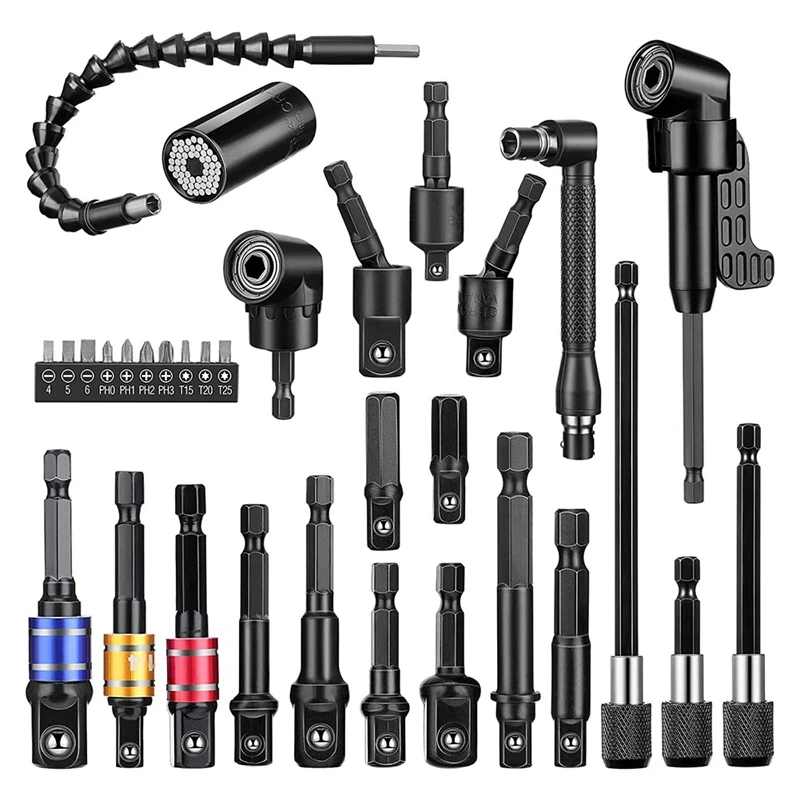 32Pcs Drill Bit Extension Set 1/4, 3/8, 1/2 Inch Hex Adapter Socket Bendable Magnetic Extender Drill Bit Extension