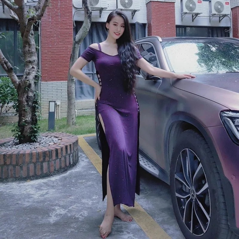 Trajes de danza del vientre sexys Swegal personalizados, ropa de danza Oriental, salsa púrpura, vestido de cintura hueca de seda helada plateada