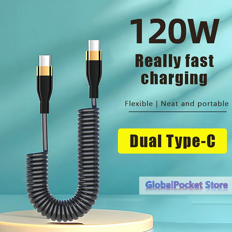 120W USB Type C Fast Charging Cable 6A Spring Telescopic Car Charger Cable High Speed Charging Data Cable Phone Accessories