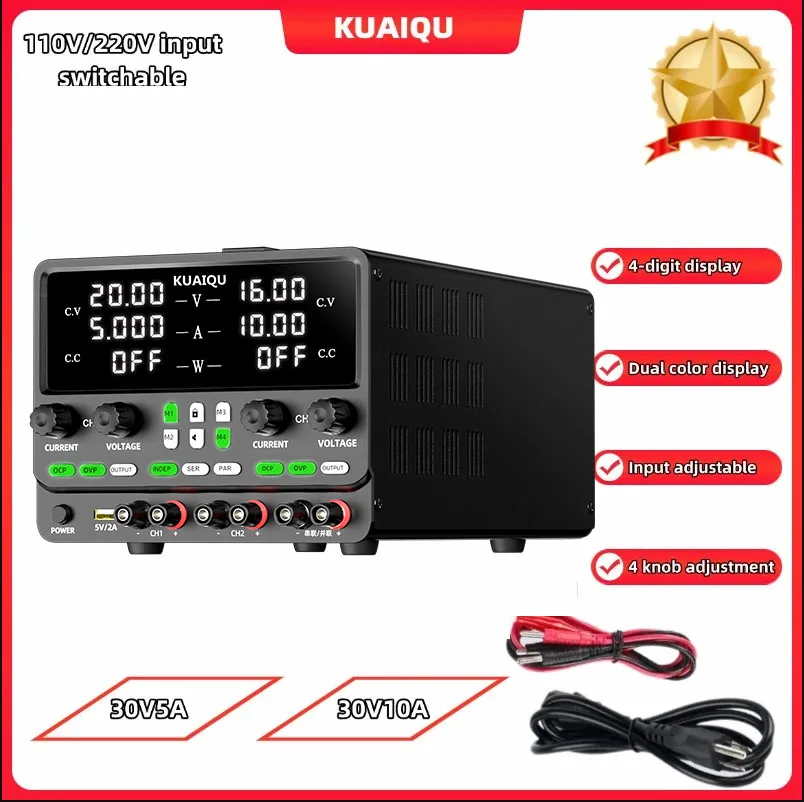 

KUAIQU Dual Channel DC Power Supply Variable 30V10A Adjustable Regulated Supply High Precision 4Digit Display Regulator Memory