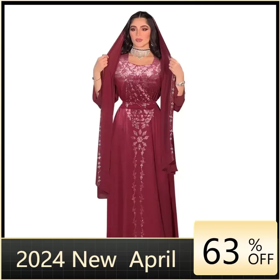 

Summer 2024 Autumn Elegant Muslim Long Sleeve V-neck Pink Purple Long Abaya Muslim Fashion Dress Abaya Dress With Headscarf
