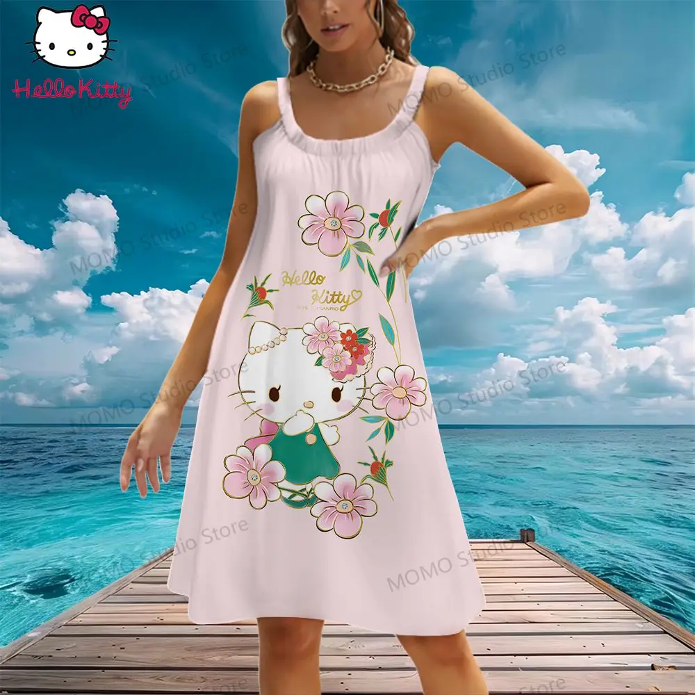 Women's Beach Dress Hello Kitty Sling Fashion Summer Female Clothing Street Wear Leisure Lovely Cool Elegant Party Dresses 2024