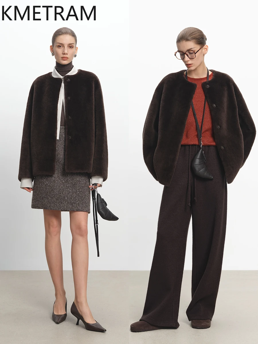 Damski płaszcz z prawdziwej wełny owczej Merino, dwustronny futro, styl vintage, kolor kawowy, kurtka zimowa, odzież damska 2025 шуба