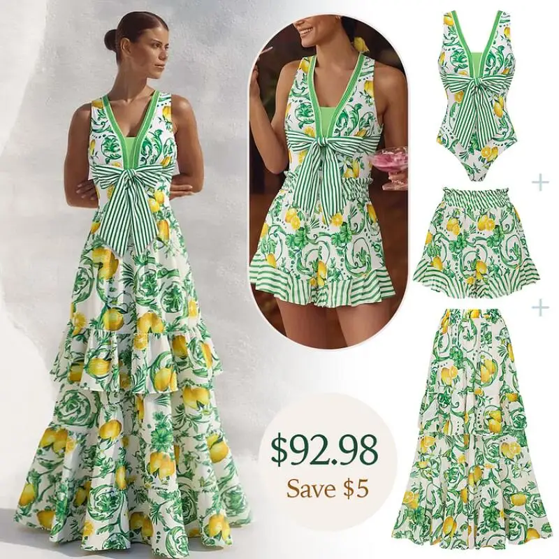 

Flaxmaker Women Lemon One Piece Swimsuit and Skirt or Shorts Vintage Printed Party Bathing Suits Summer Beachwear