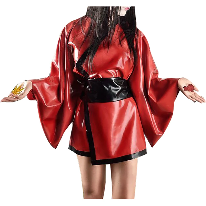 

Red And Black Sexy Latex Kimono With Widening Obi Sash Eri Collar Rubber Robe Sleepwear Top Dressing Gown Yukata 0448