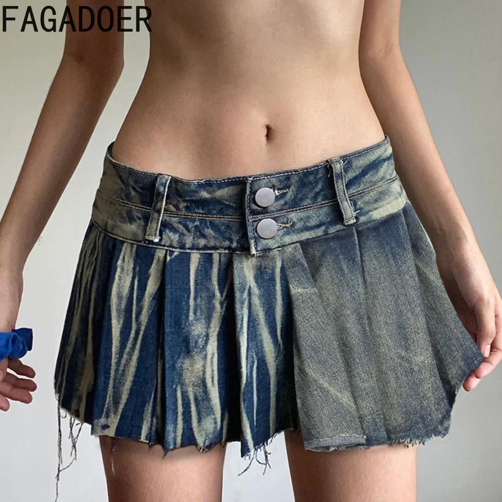 

FAGADOER Retro Denim Fashion Gradient Splicing Pleated Skirts Women Button A-line Skirts Casual Female Matching Cowboy Bottoms