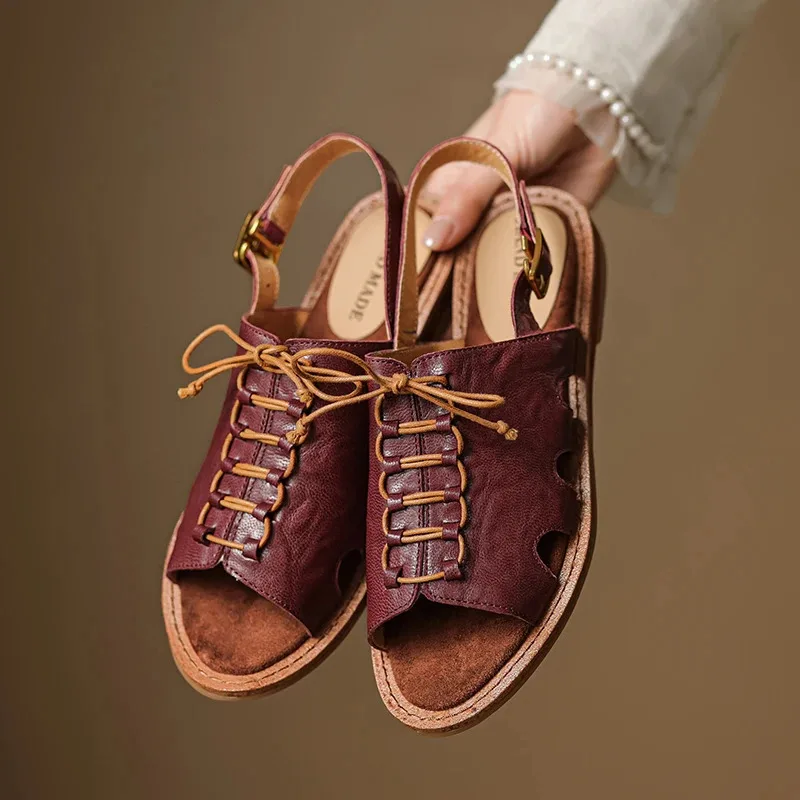 

Women's Genuine Leather Black Summer Sandals Flat Elegant Luxury Lady Brown Fish Mouth Designer High Quality Roman Shoes Woman