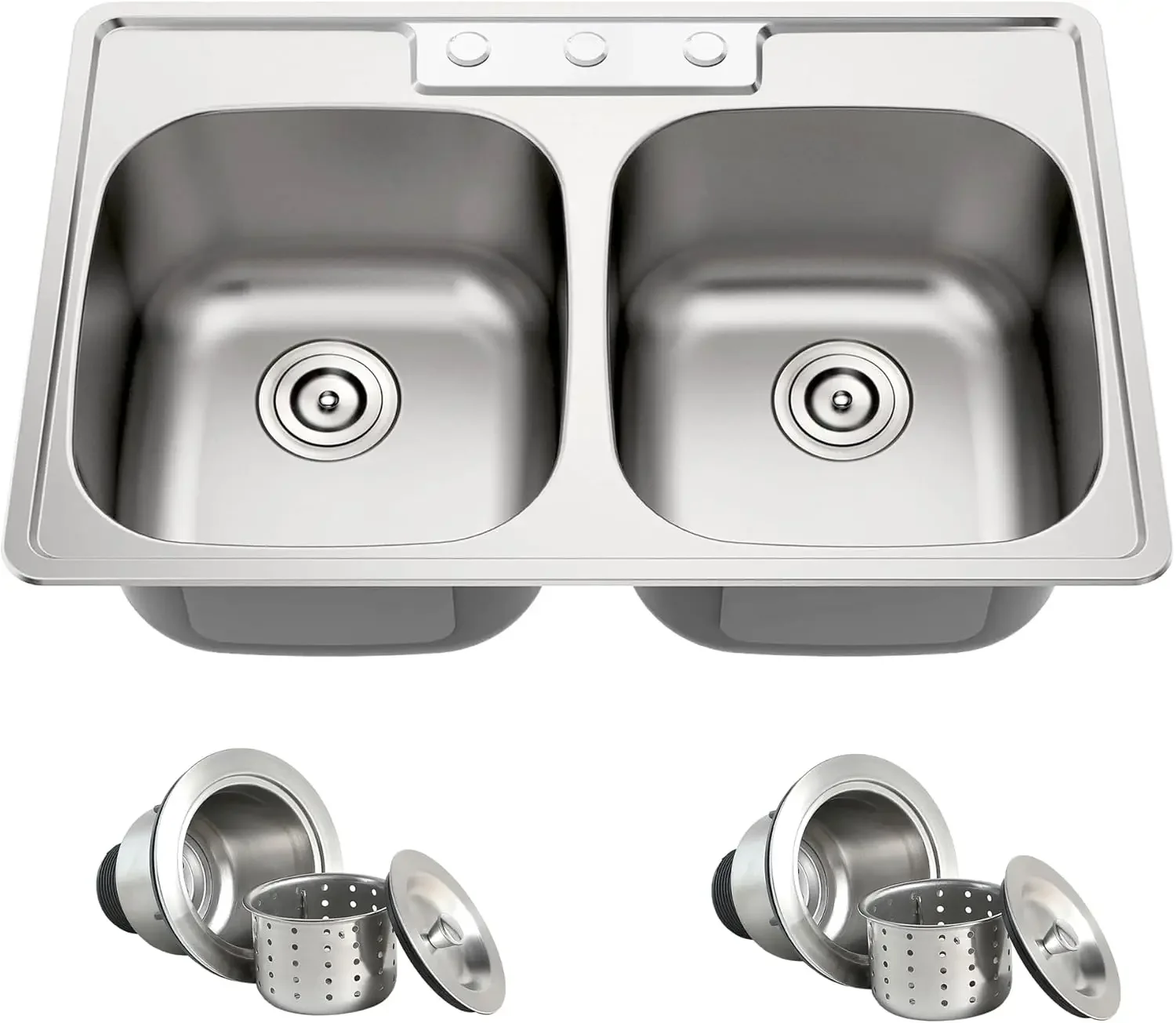 33 Inch Double Bowl Kitchen Sink Topmount 50/50 Drop In 18 Gauge 304 Stainless Steel Sinks with Basket Strainer 33” x 22” x 9”