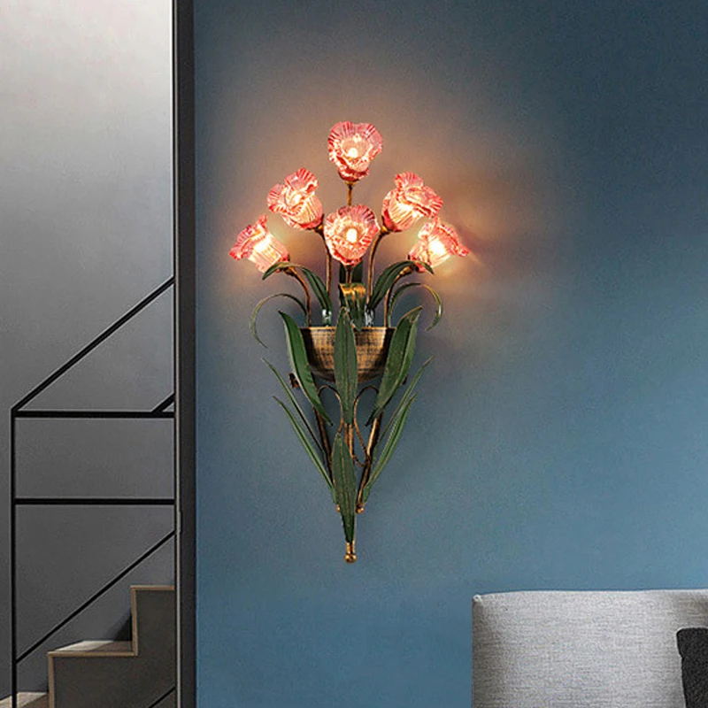 Creative สีขาวดอกไม้สีชมพู Wall Light ภาษาฝรั่งเศสคําชนบท Leaf โคมไฟข้างเตียงห้องนั่งเล่นโฮมสเตย์ยุโรป Pastoral Home Decor แสง