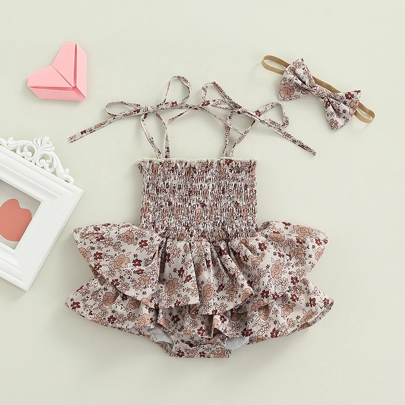 

Baby Sleeveless Dress with Hair Accessories Adjustable Straps Ruffle Decoration Bow Spring Clothing