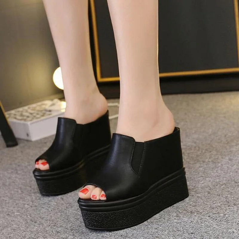 FHC14cm High Heels Wedges Sandals,Summer Shoe,Platforms Slides,Peep Toe Slippers,Microfiber Leather Slip On,Black,White,Dropship