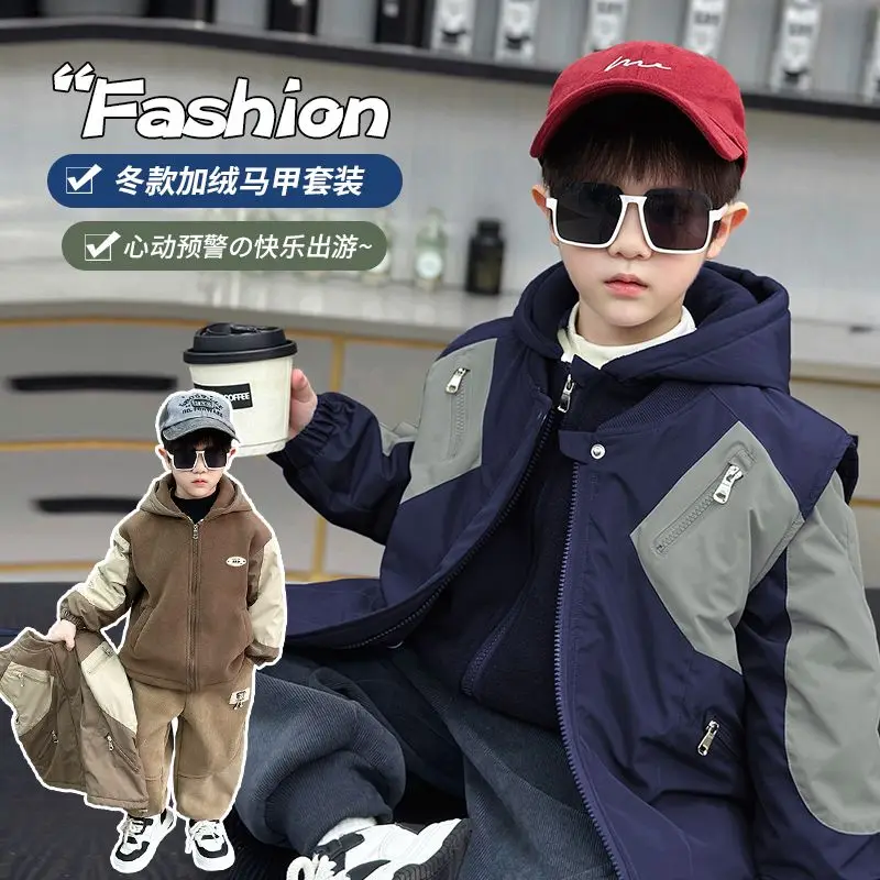 

Winter Warm Fashion Baby Boys Kids Thick Cotton Vest+Coat+Corduroy Pants Children Casual 3Pcs Handsome Suits Sets Clothing