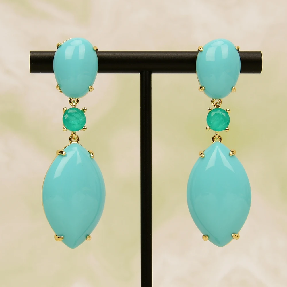 GG Blue Turquoise Green Jade Gold Plated Stud Drop Earrings Handmade Gifts For Lady Party Jewelry