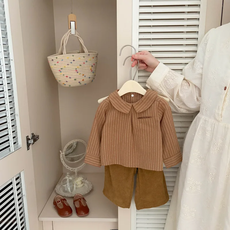Girls Vintage Brown Striped Turn Down Collar Shirt Spring Autumn New Baby Doll Collar Loose Versatile Shirt Jacket