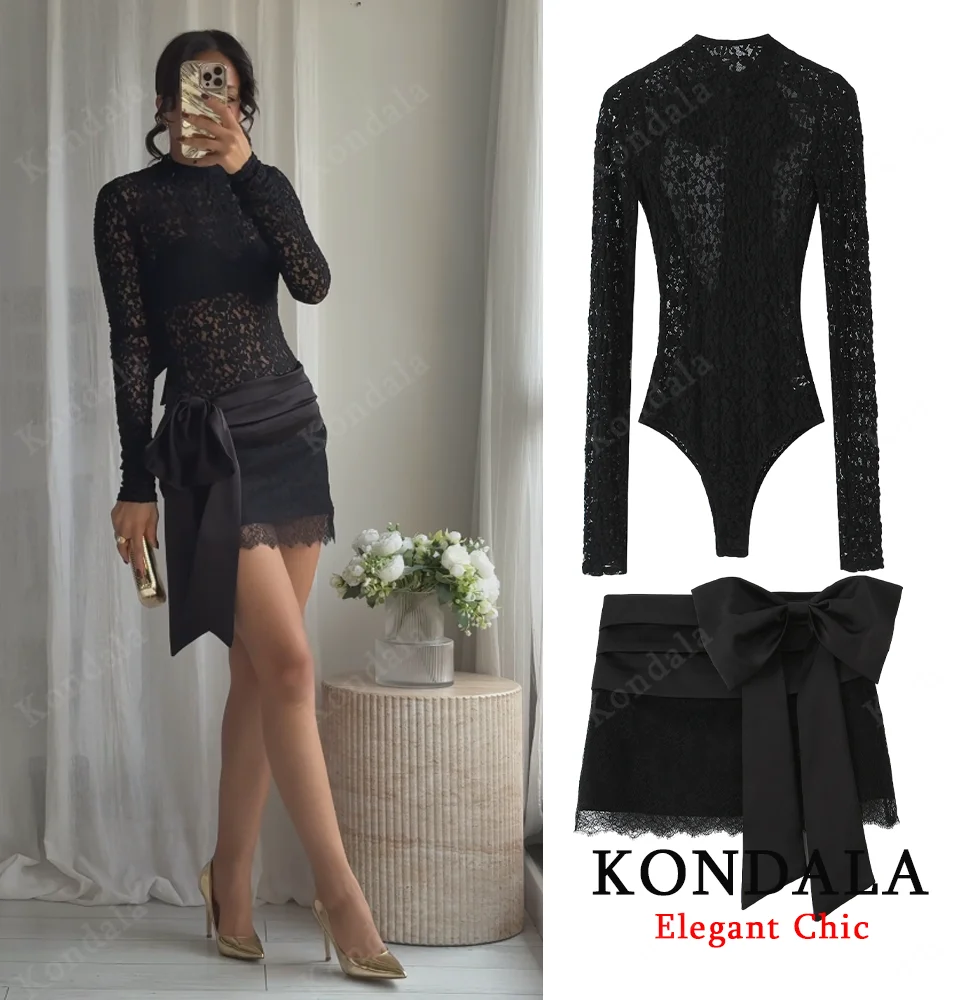 

KONDALA вечерние кружевные юбки с бантом, женский костюм с бантом на спине, эластичный кружевной комбинезон, мини-юбка 2025, модный романтический женский комбинезон