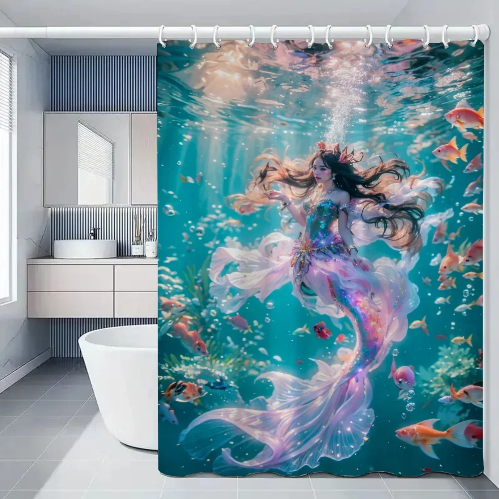 Sea Mermaid Shower Curtains for Bathroom Curtain Folding Partition Bath Accessories Bedrooms Waterproof Fabric Things the Set