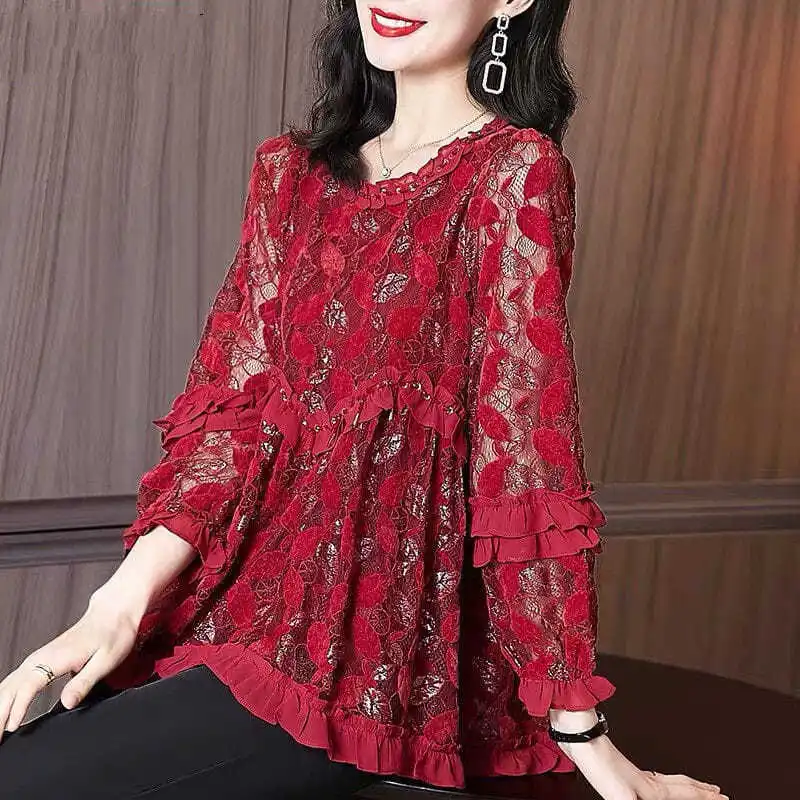 Elegante tinta unita Ruffles Lace Hollow Out camicetta abbigliamento donna 2022 autunno New Sweet top camicia oversize allentata da pendolare