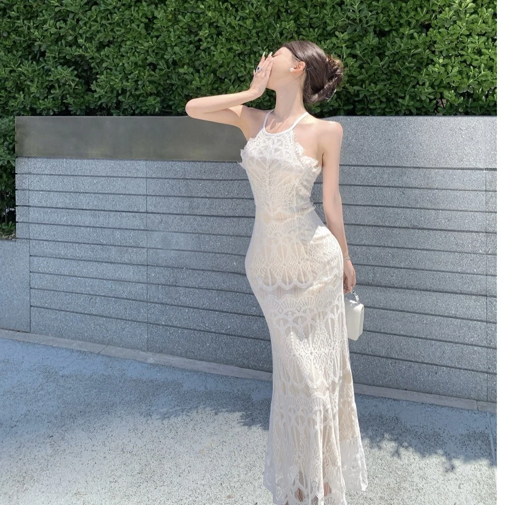 Vestido Retro de Encaje con Espalda Descubierta y Tirantes, Falda de Hada para Vacaciones en la Playa, Estilo Vintage de Vera...