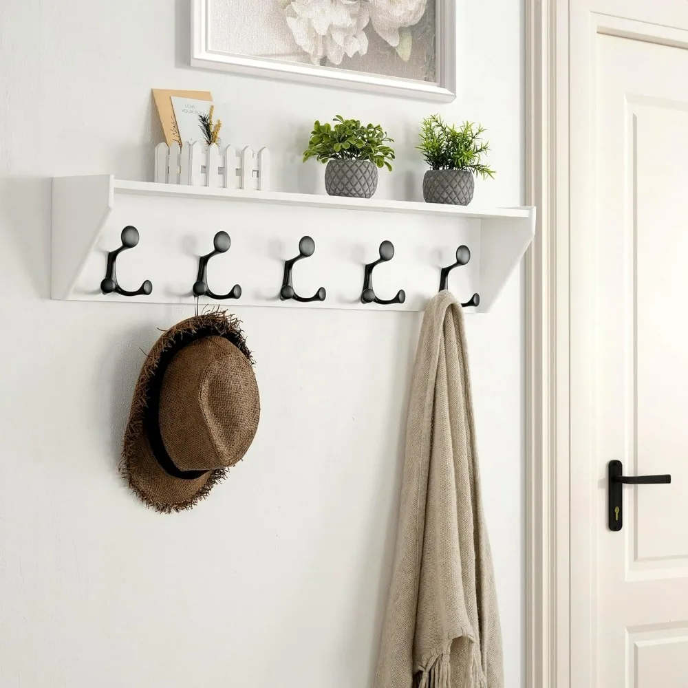 35-Inch White Coat Rack Wall Mount with Shelf Organizer - Heavy Duty, 5 Tri Hooks - Perfect for Entryway, Hallway, Living Room