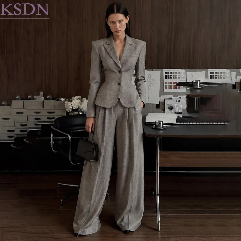 Eleagnt Business Tailor Women's Suits Slim Fit Single Breasted Peak Lapel Office Lady 2 Piece Jacket With Pleat Wide Leg Pants