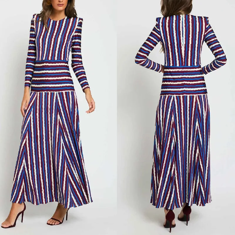 Wind-striped Long-sleeved Dress, Circular Neckline, Padded Shoulders, Waist-cinching Design, Slimming Effect, Long Skirt With A