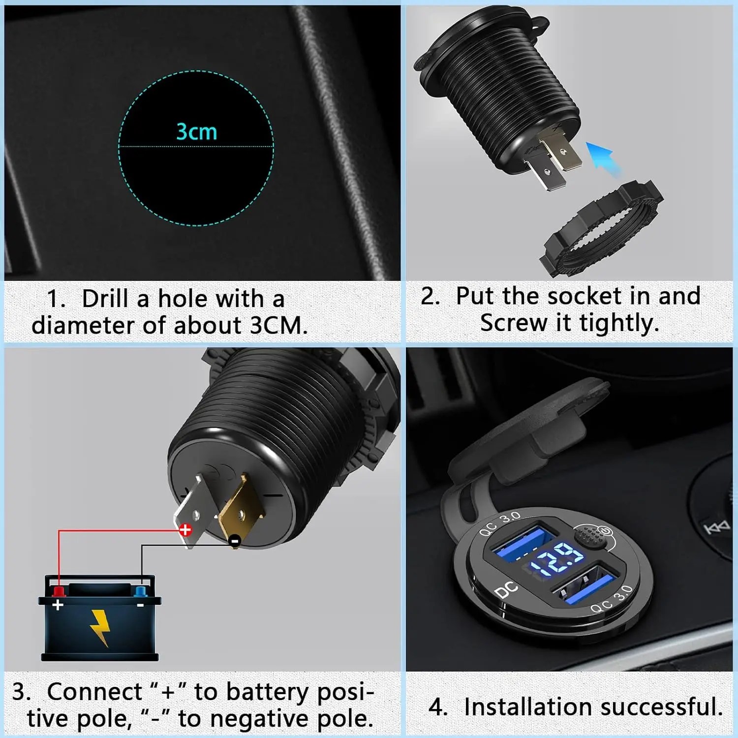 12V USB-uitgang Dual 36W Quick Charge 3.0 aluminium aansluiting 12V motorfiets USB-uitgang met LED-voltmeterknopschakelaar Waterdicht