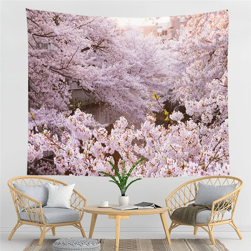 Pink cherry blossom forest trees landscape tapestry wall hanging room aesthetic decoration living room wall home decoration