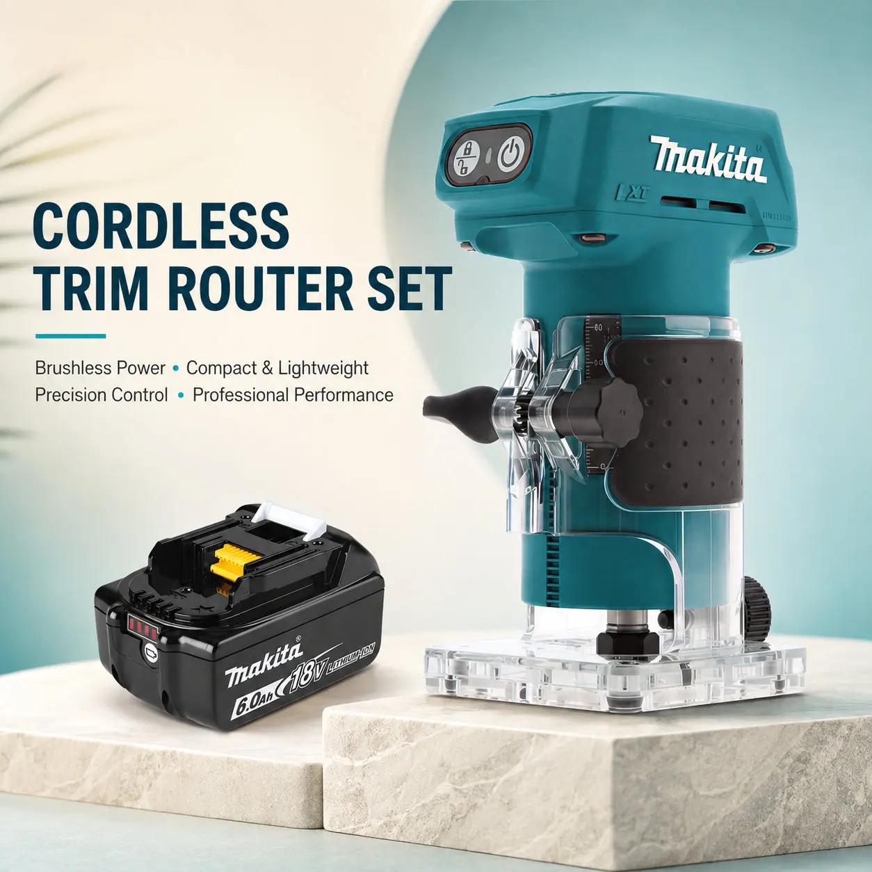Kabelloser kompakter Makita DRT52 Fräser für 18V LXT Lithium-Ionen-Akku-System, ideales Profi-Equipment für präzises Multi-Tasking, Kantenbearbeitung und Schlitzen bei der Möbelherstellung.