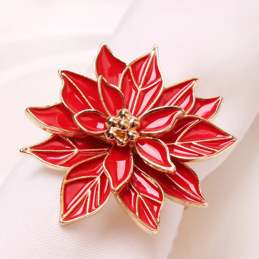 Red Christmas Flower Napkin Buckle High-Quality Tissue Ring Christmas Tree Napkin Rings Metal Napkin Buckle For Weddings