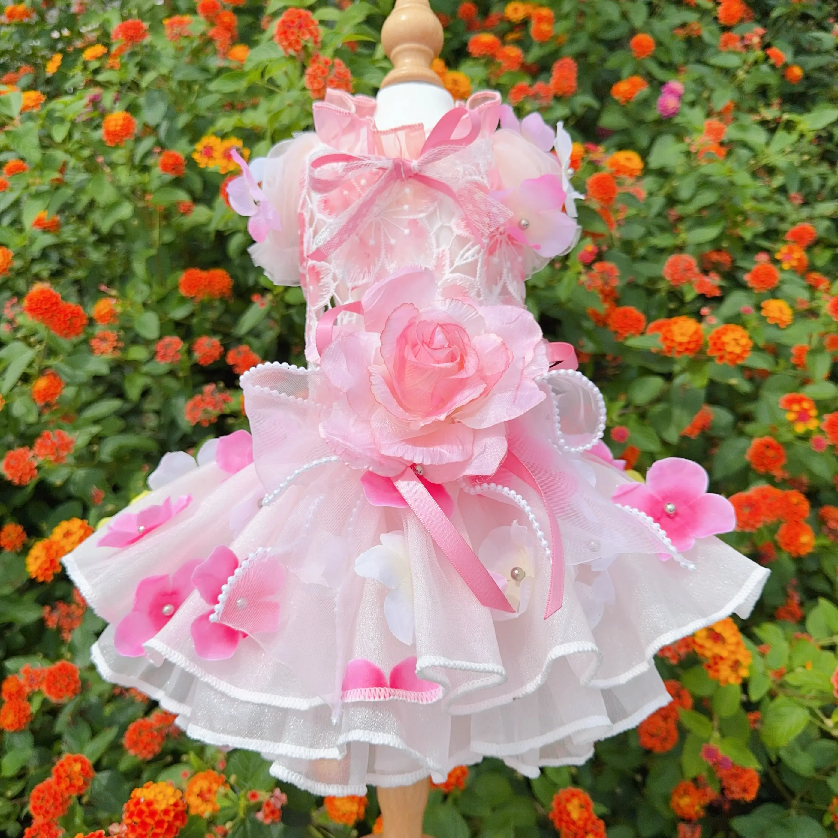 

Spring And Summer Hollow Lace Pet Dog Clothes Handmade Luxury Pink Flower Bow Princess Dress For Small Medium Dog Puppy Outftis