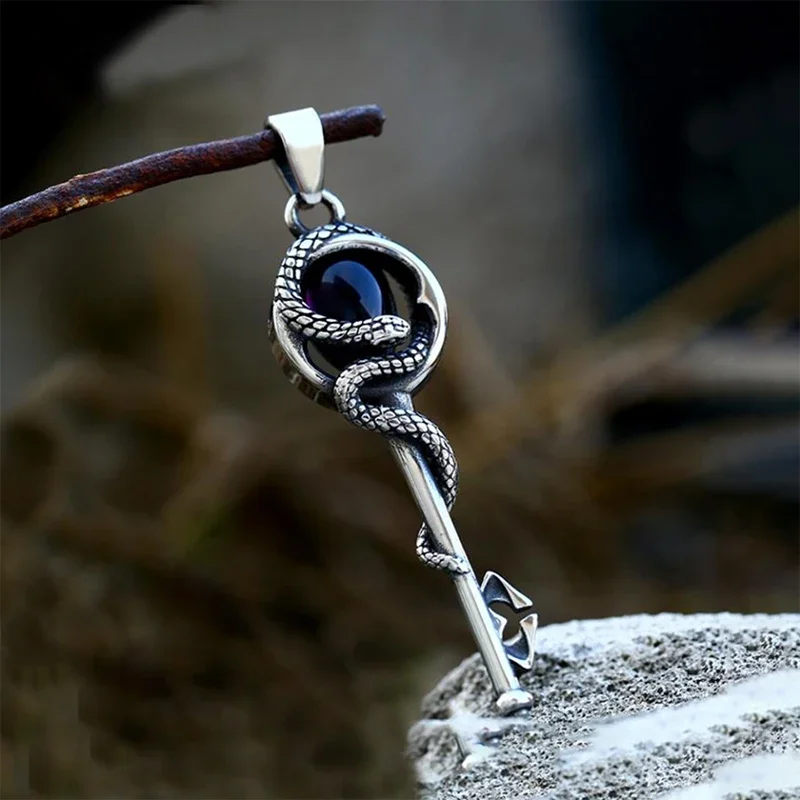 Fashion Black Stone Key Necklace Stainless Steel Snake Chain Pendants Couples Punk Unique Amulet Jewelry Gifts Wholesale