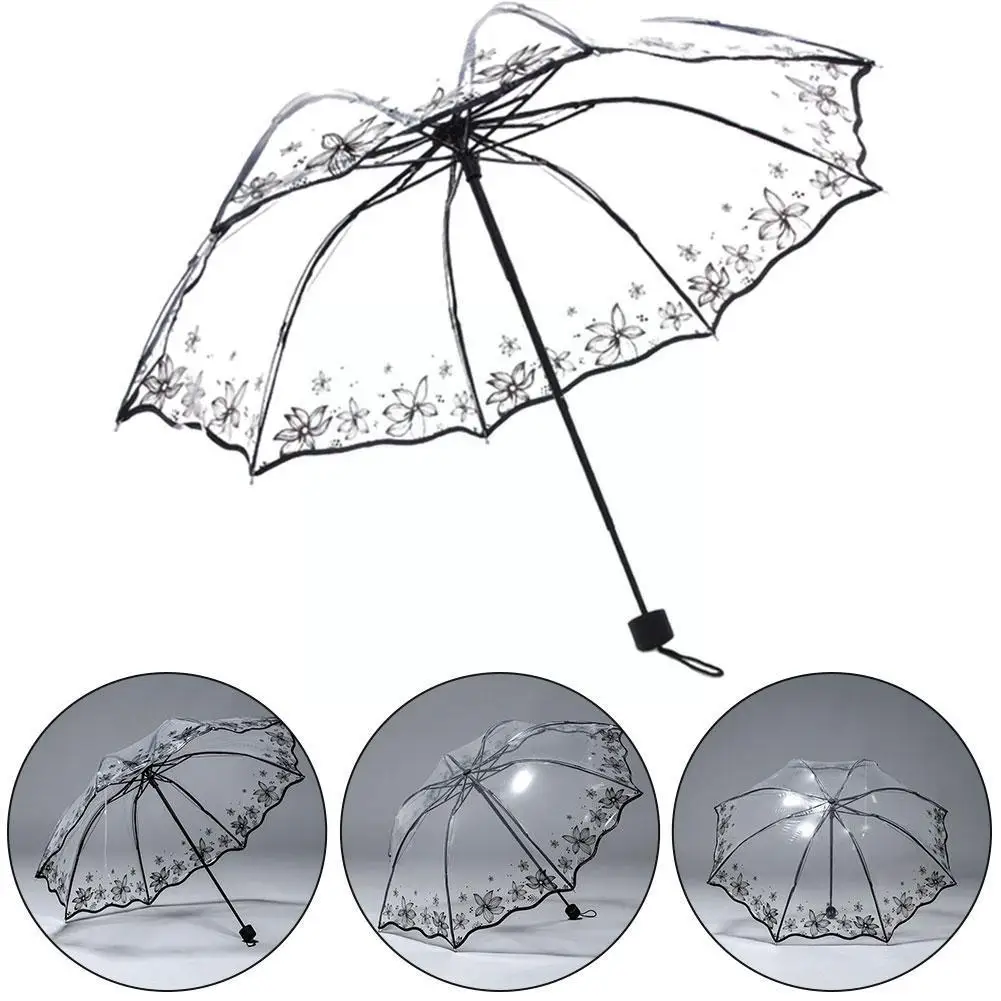 New Transparent Folding Women\'s Umbrella Fashionable Flowe Waterproof Umbrella Black Summer Luxurious Umbrella And E4s1