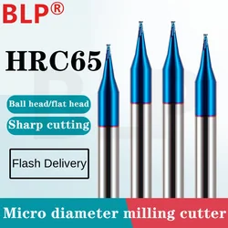 HRC65 2F Tungsten Steel Carbide Micro Diameter Nano Coating Flat Bottom/Ball Endmill Cutter CNC Mechanical Milling Tools