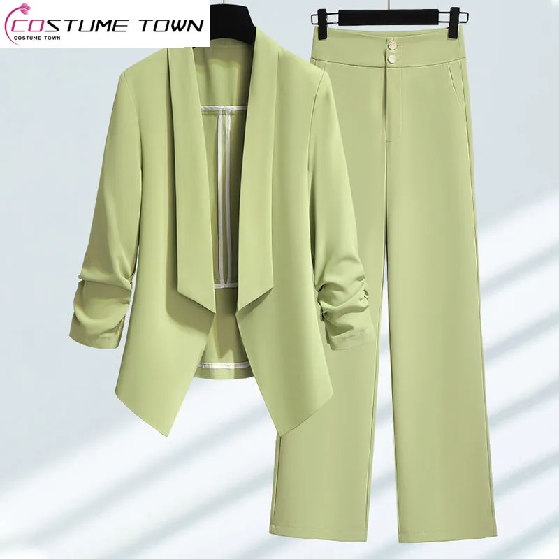 Korean Style Slim Fitting Thin Jacket Blazer Casual Wide Leg Pants Two-piece Elegant Women's Pants Set Summer Office Outfits