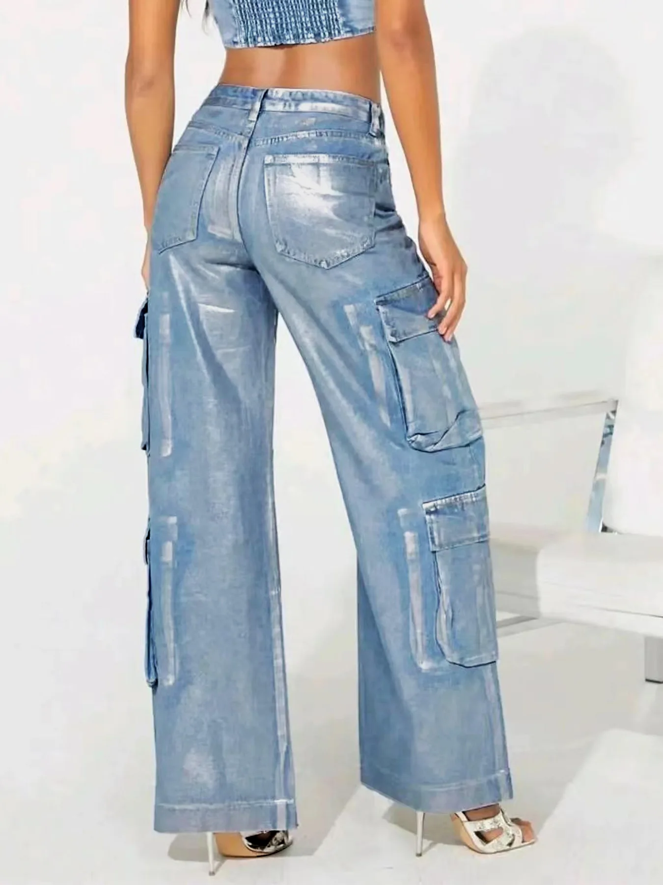 Brilhante calça larga de perna feminina prateada, bolsos de cintura alta, calça jeans larga casual, calça reta, jeans stretch