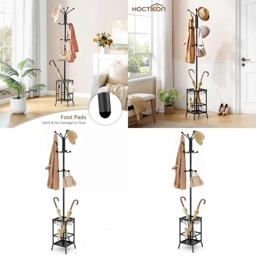 

Coat Rack Freestanding, Coat Tree with Umbrella Holder, Metal Coat Rack Stand with 12 Hooks, Standing Coat Hanger Stand, Umbrel