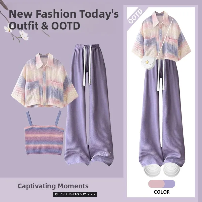 

Летний модный женский комплект футболок с топами на бретелях, широкие брюки, свободные утягивающие брюки из полиэфирного волокна, застежка на пуговицы