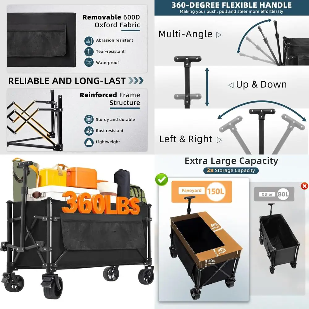 

Portable Folding Utility Wagon with 150L Capacity, 360LBS Load Bearing, All-Terrain Wheels & Brakes for Outdoor Activities, Blac
