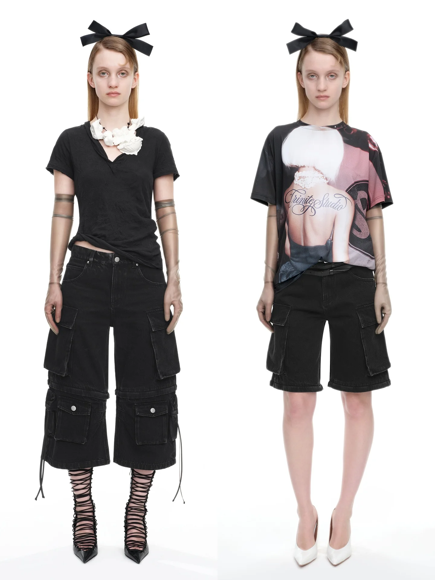 

Джинсовые шорты-трансформеры TRINITE: съемные, двухсекционные, повседневные, прямого кроя, с естественной талией, из смесового хлопка