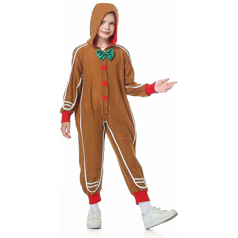 Christmas Gingerbread Costume for Kids Deluxe Long Sleeve Bowtie Jumpsuit Holiday Cosplay Outfit