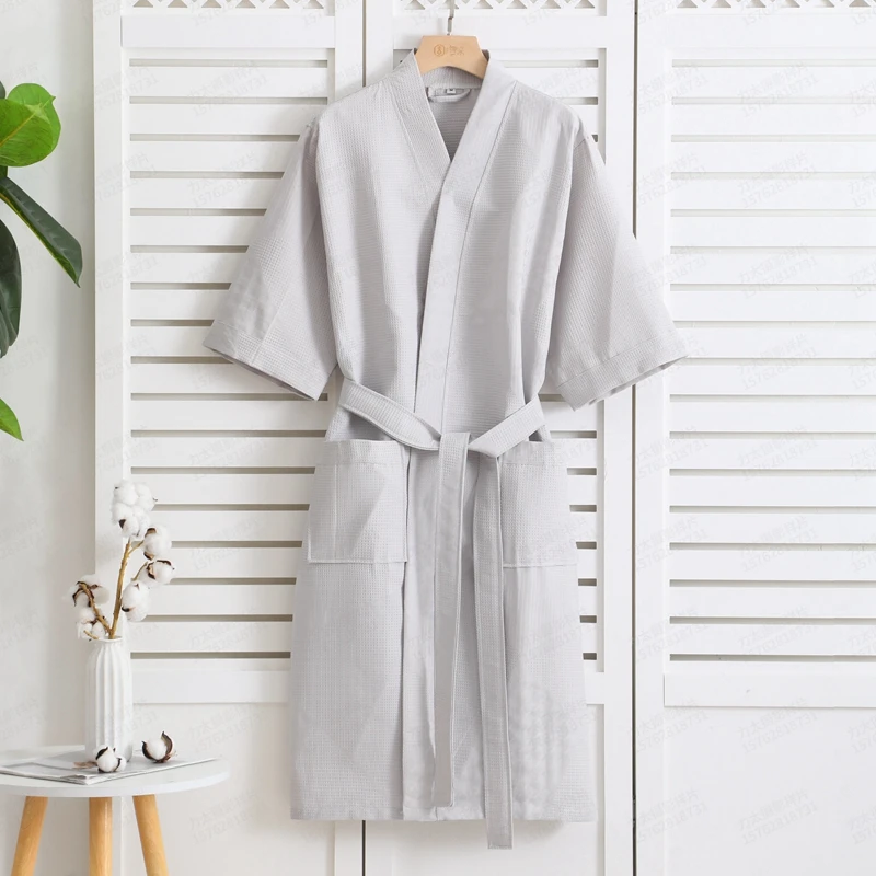 Cotton Waffle Bathrobe Men Summer Long Hooded Bridesmaid Men\'s Robe Bride Male Kimono Thin String Bathrobes Couple Loose Home