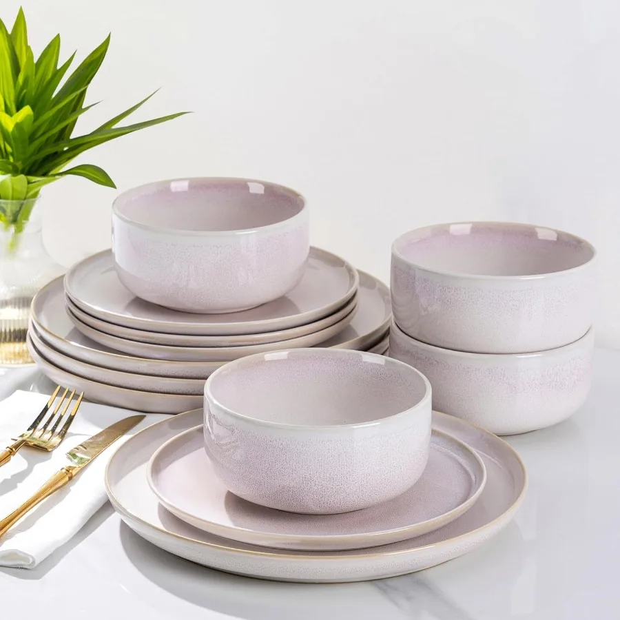 

Ceramic Dinnerware Sets for 4 12 Pieces Handmade Reactive Glaze Plates and Bowls Set Scratch Resistant Dish Set Oven and Microw